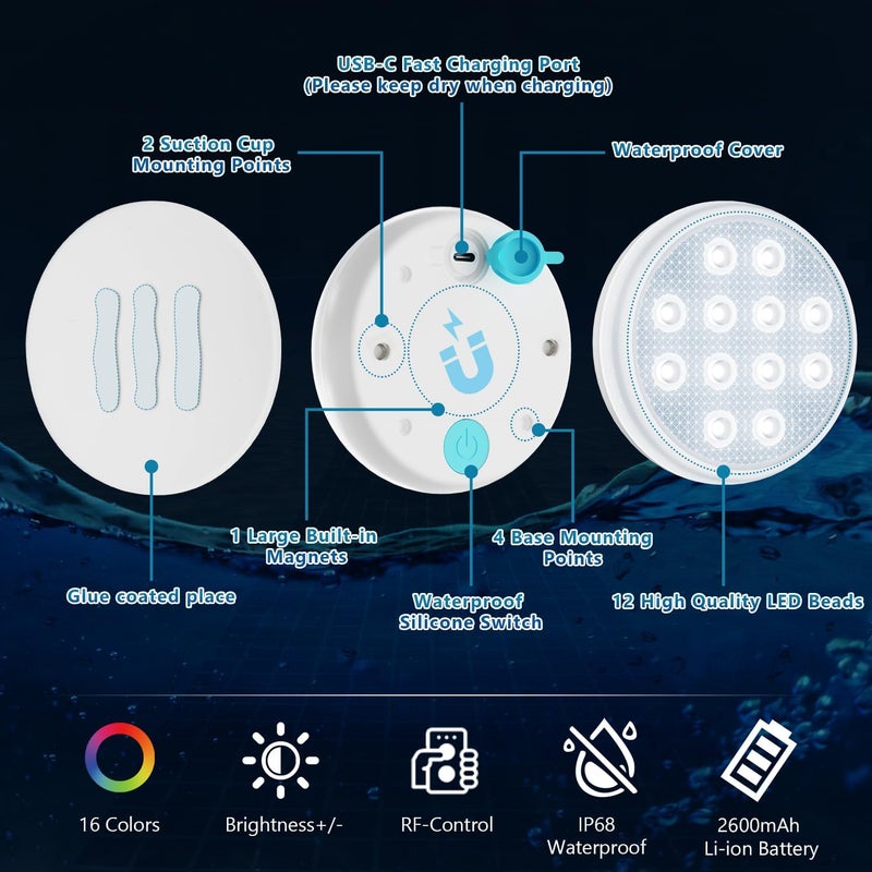 BOXPSII Pool Lights,Rechargeable Submersible LED Lights with Remote,IP68 Waterproof 16 Color LED Floating Pool Lights with Magnet, Suction Cups for Above Ground Inground Pool,Pond,Bathtub 2 Pack - Image 4